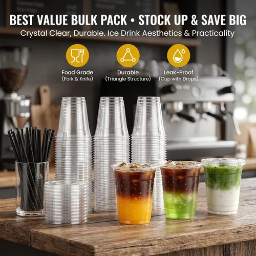 Miniatura 7 de Juego de 100 vasos de plástico desechables transparentes con tapas y pajitas, tazas de café helado de plástico resistentes y seguras para alimentos