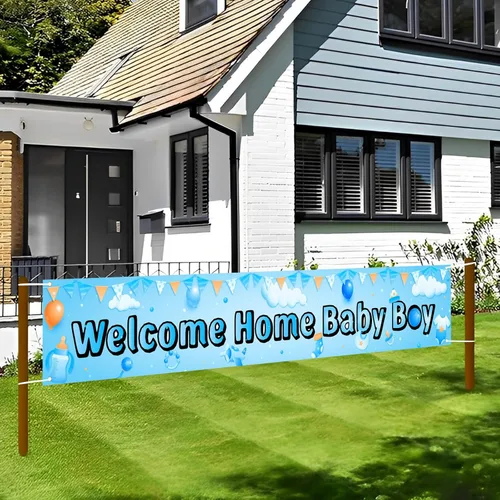 Miniatura 3 de Labakita Cartel de bienvenida a casa para bebé niño, pancarta grande para baby shower, decoración azul para baby shower, revelación de género