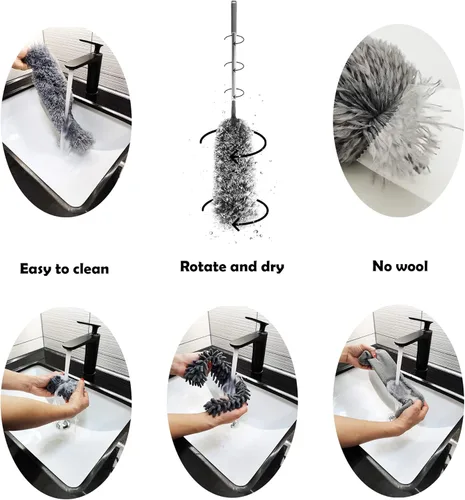Miniatura 2 de Kit de plumero de microfibra 5 en 1 con poste de extensión (30-100 pulgadas) para techo alto, ventilador, telaraña, persianas y muebles, cabezales