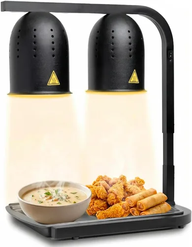 SYBO DL2112 Lámpara de calor para alimentos de grado comercial, calentador de alimentos eléctrico portátil, 2 bombillas de 500W con soporte Negro