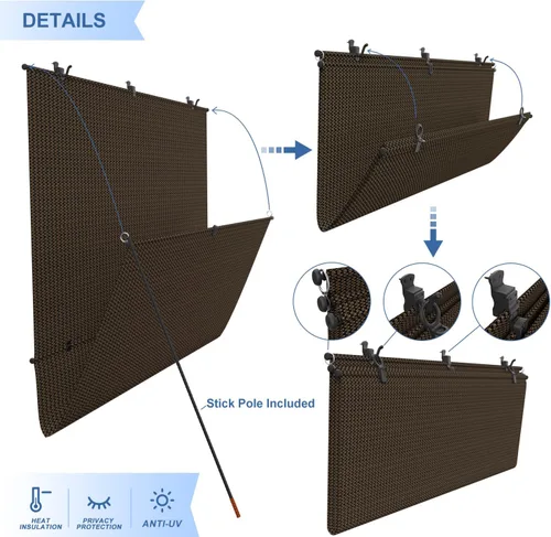 Miniatura 5 de E&K Sunrise - Persiana enrollable para exteriores de 4 pies de ancho x 6 pies de alto, persiana enrollable para patio, sin cable, plegable, Marrón