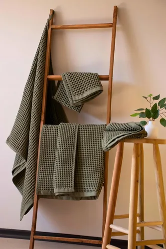 Miniatura 23 de PÜSKÜL - Paquete de 2 toallas de baño y spa de punto gofre, 100% algodón orgánico turco de alta calidad, fina de secado rápido, fabricadas en Beige