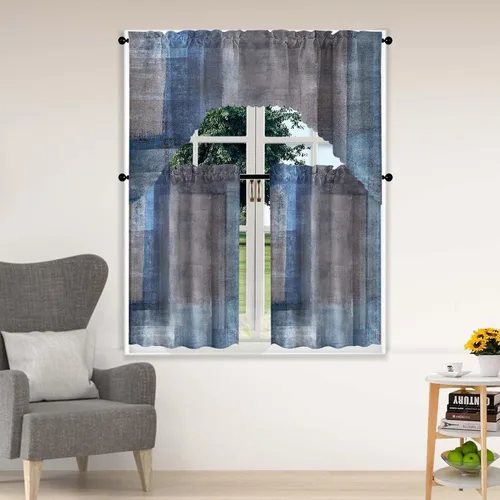 Miniatura 11 de Blue & Swag - Juego de 3 cortinas para ventana de cocina, cenefa de arte abstracto gris con bolsillo para barra para cocinas modernas