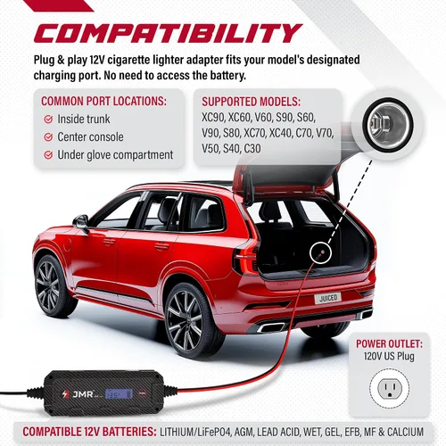 Miniatura 2 de Cargador de batería JMR para Volvo XC90 XC60 V60 S90 S60 V90 S80 XC70 XC40 C70 V70 V50 S40 C30 Todos los modelos cargador de goteo acondicionador