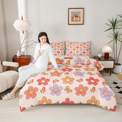 Miniatura 2 de Groovy - Juego de ropa de cama de flores tamaño individual, color morado y rosa, para niñas, bonito edredón de mariposa, color naranja y rojo