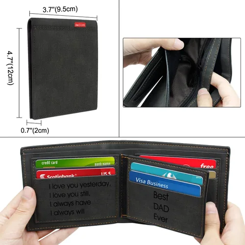 Miniatura 4 de Amlion Billetera grabada personalizada, carteras RFID con foto personalizada para hombres, marido, papá, hijo, regalos personalizados, Negro
