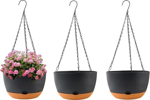 KPUVX Maceta Colgante de 10 Pulgadas, Macetas de Riego Automático para Plantas de Interior, Paquete de 3 Cestas Colgantes de Plástico con Bandeja