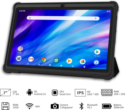 Miniatura 2 de Tablet de 7 pulgadas, sistema operativo Android 13 Quad Core, 32GB ROM, WiFi, Bluetooth, cámara dual, PC Tablet USB C, pantalla táctil de 7 Negro