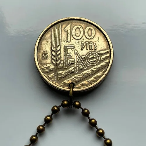 Miniatura 3 de 1995 Spain España 100 Pesetas coin pendant rey Juan Carlos I FAO Madrid Barcelona Sevilla Granada Malaga Valencia Cadiz Zaragoza Murcia Bilbao