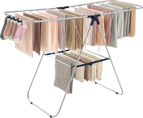 SONGMICS Rejilla de secado de ropa, con clips para calcetines, estante de lavandería de metal, plegable, ahorra espacio, aireador independiente, con