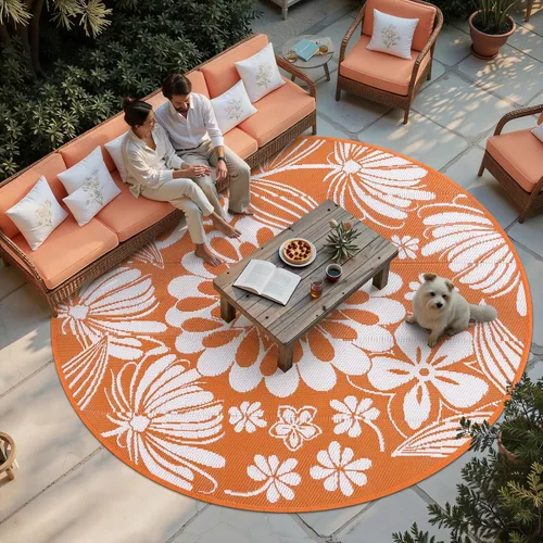 Miniatura 11 de Ileading Alfombra de Paja de Plástico para Exteriores 5x8 pies Estilo Floral Divertido Alfombras de Área Reversibles para Patio Impermeables