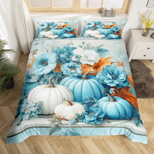 Miniatura 29 de Erosebridal Juego de funda de edredón individual de pavo de Acción de Gracias, juego de ropa de cama de calabaza y hojas de otoño para niños