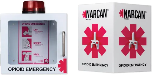 NARCAN Kit de unidad de pared con rociador nasal, incluye armario de pared con alarma, señalización de camino, póster de instrucciones de uso