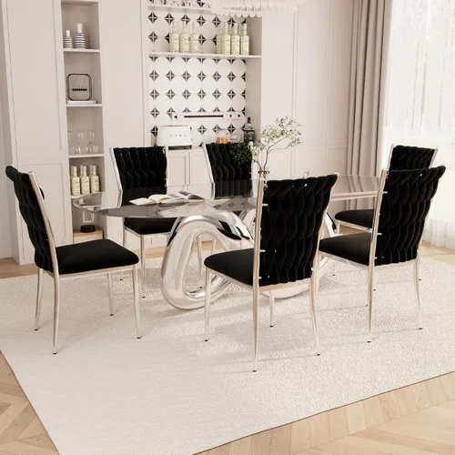 Miniatura 25 de Juego de 2 sillas de comedor de terciopelo, modernas sillas de cocina tejidas con patas de metal dorado, cojín tapizado con respaldo alto