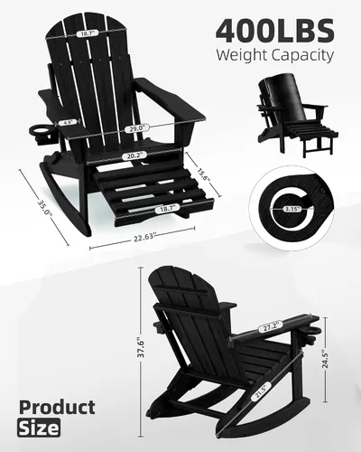 Miniatura 2 de Mecedora plegable Adirondack, silla de patio multifuncional 4 en 1 con otomana retráctil, silla de exterior con textura de madera, silla de césped