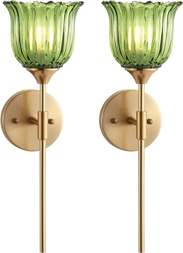 Miniatura 14 de BYOLIIMA Aplique de pared dorado de 2 luces con pantallas de vidrio ámbar, moderno de mediados de siglo, accesorios de luz de pared para tocador