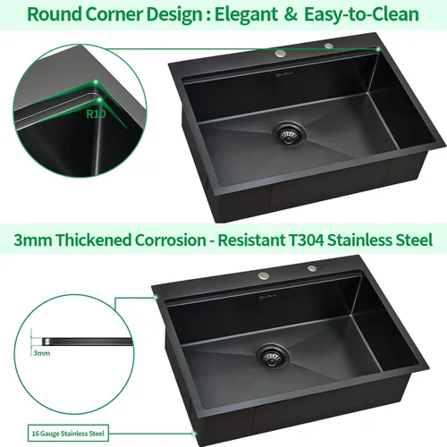 Miniatura 4 de Fregadero de cocina con plato individual con tabla de cortar, 30 x 22 x 10 pulgadas, color negro plomizo, acero inoxidable calibre 16 Negro