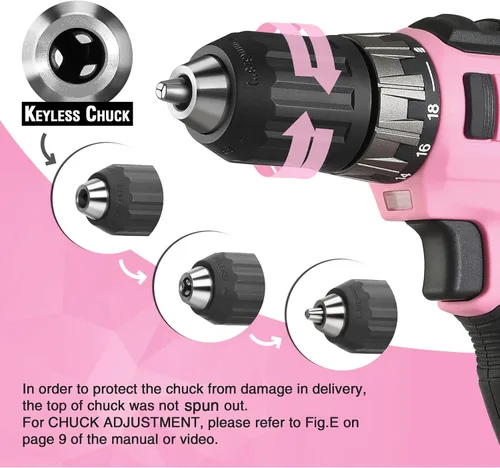 Miniatura 4 de WORKPRO Juego de taladro inalámbrico rosa de 20 V, portabrocas sin llave de 3/8 pulgadas, batería de iones de litio de 2.0 Ah, cargador rápido de 1