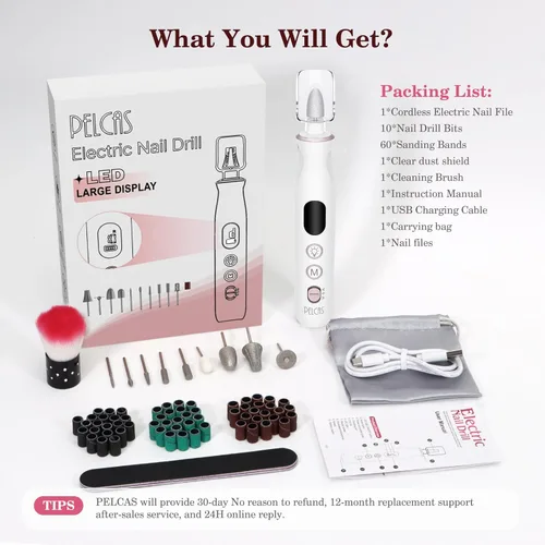 Miniatura 7 de PELCAS Lima de uñas eléctrica, taladro de uñas inalámbrico de 10 velocidades con luz LED, kit portátil de manicura y pedicura, molinillo de uñas