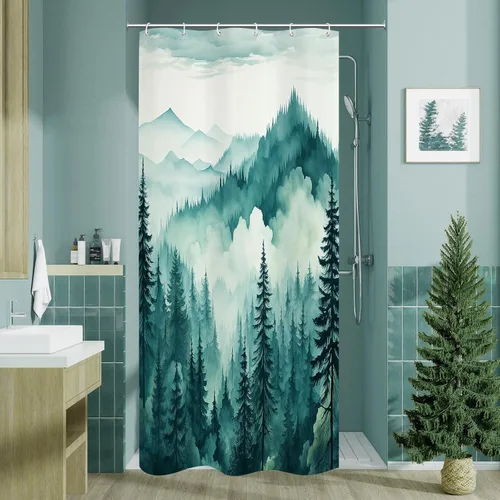 Miniatura 8 de Litabel - Cortina de ducha negra pequeña de 36 x 72 pulgadas, diseño de bosque de pino neblinoso, cortinas de ducha estrechas de medio