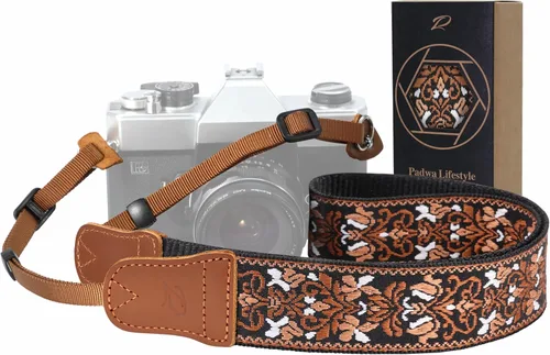 Miniatura 35 de Padwa Lifestyle Correa de cámara con rayas - 1.5" Correa suave de cuerda trenzada de algodón con cabezal de cuero vacuno Crazy Horse para el hombro