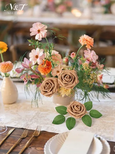 Miniatura 4 de N&T NIETING 25 unidades de flores artificiales, Rosas de espuma artificial de sensación real al tacto, decoración para boda, dama de honor, ramo