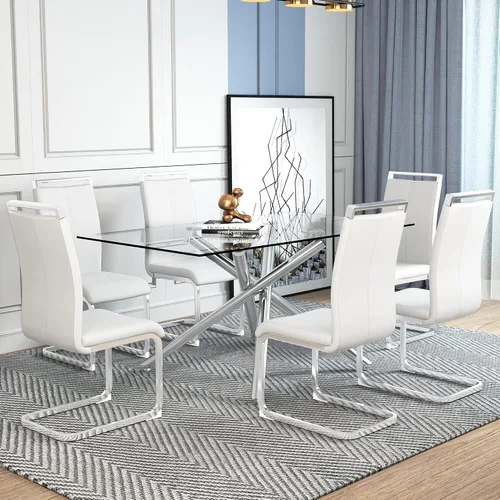 Miniatura 6 de Ebullient Juego de mesa de comedor de cristal de 63 pulgadas para 6 mesas de comedor modernas con parte superior de vidrio templado con 6 sillas