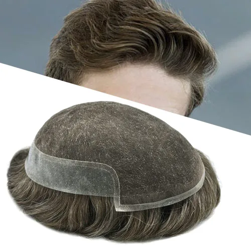 Miniatura 33 de Tupé de encaje suizo para hombres, piezas de cabello humano real, encaje frontal, sistema de reemplazo de cabello tipo tupé, nudo blanqueado, línea