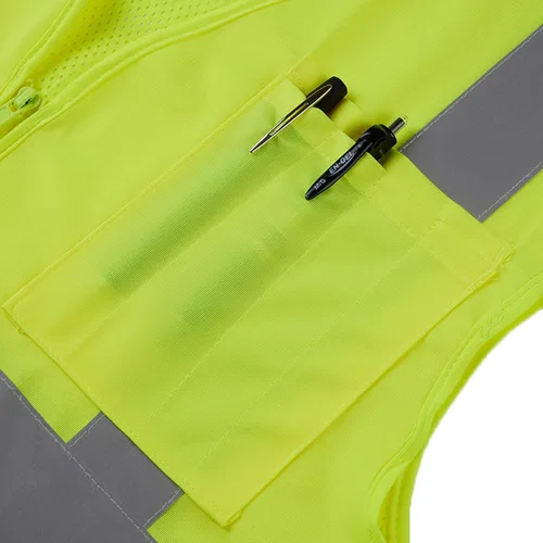Miniatura 4 de SV2100 Clase 2, Chaleco de seguridad Bk de malla frontal sólida de alta visibilidad, tiras reflectantes, bolsillos con cremallera, verde neón