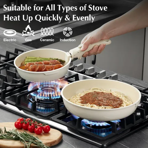 Miniatura 3 de Juego de utensilios de cocina de cerámica antiadherente blanca, juego de 5 piezas con asas desmontables, perfecto para cocinar todos los días