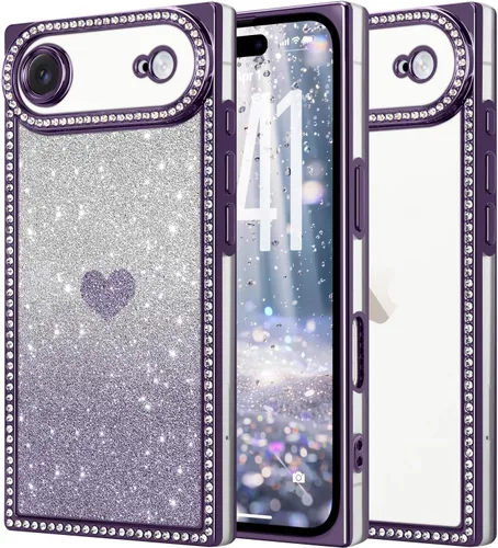 Miniatura 49 de Funda para iPhone 13, funda de diamantes de imitación de lujo con patrón de corazón de amor de cristal [papel con purpurina extraíble], parachoques
