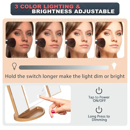 Miniatura 2 de RoLeDo Espejo de maquillaje iluminado con aumento 1 x 2 x 3X, espejo de tocador triple con luces, espejo de 72 LED, pantalla táctil, iluminación