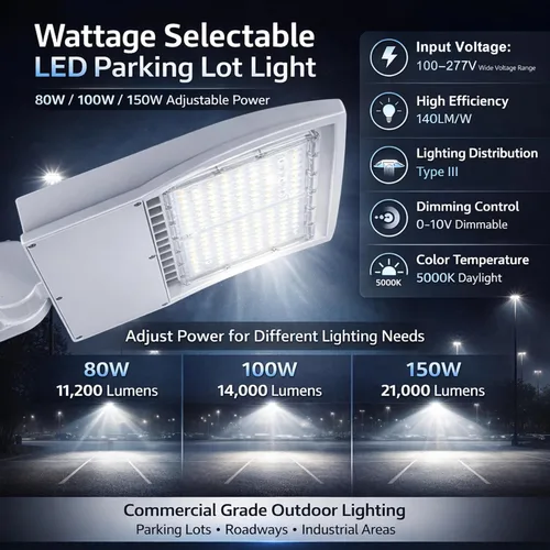 Miniatura 2 de Luz LED de estacionamiento de 150 W, 80 W/100 W/150 W seleccionable, 21,000 lm LED Shoebox Area Light, 5000 K luz diurna, 100 – 277 V, reemplaza 450