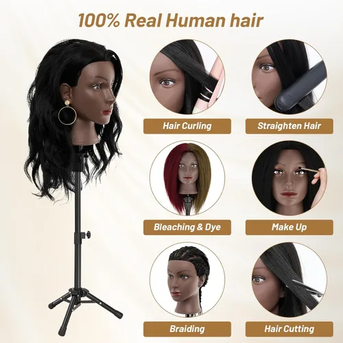 Miniatura 4 de Cabeza de maniquí 100% cabello humano, cabeza de maniquí de 18 pulgadas con cabello humano real, cabeza de muñeca cosmetología para peluquería