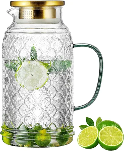 Miniatura 9 de Buaic Jarra de Vidrio con Tapa y Asa, PAQUETE DE 2 de 68 oz/2 Litros Jarra de Agua para Refrigerador con Diseño Vintage de Mariposa Pintado a Mano