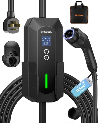 GRECELL Cargador de vehículo eléctrico de nivel 2, cargador portátil de vehículo eléctrico de 32 A/7.4 KW con cable de 25 pies, cargador de