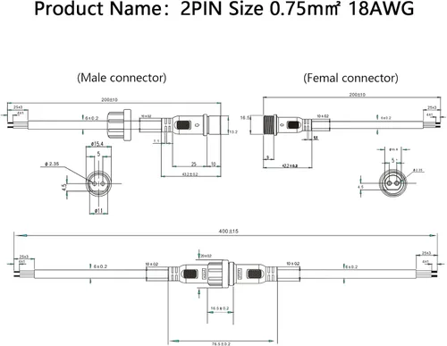 Miniatura 4 de Conector de tira LED de 2 pines 18AWG IP65 macho hembra 7.87 pulgadas, cable de extensión para automóvil, camión, barco, conector LED impermeable