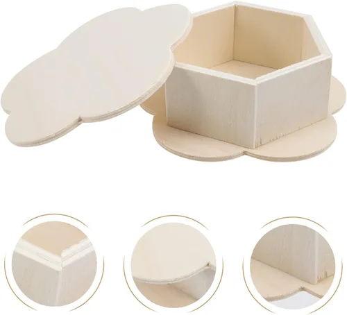 Miniatura 5 de iplusmile Caja de madera Caja de madera 3 piezas Caja de joyería de madera sin terminar con forma de flor, caja organizadora de almacenamiento