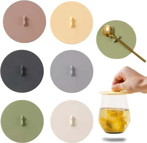 Morandi - 6 tapas de silicona para tazas, cubiertas de vasos de colores para bebidas, sellado antipolvo, hermético, con soporte para cuchara, tapas