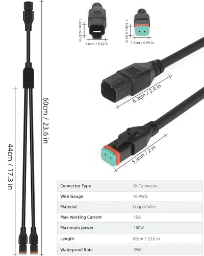Miniatura 2 de 2 en 1 2 pies universal DT Splitter arnés de cableado, 2 pines Plug and Play Kit de conector de extensión para barra de luz LED, cápsula LED, luces