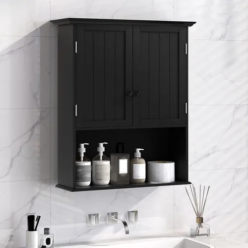 LDAILY Armario de pared para baño, armario de almacenamiento sobre el inodoro con estante abierto, estante ajustable de 3 alturas y 2 puertas,