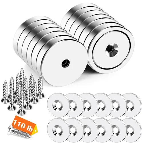 Miniatura 10 de DIYMAG Imanes de neodimio fuertes, paquete de 8 imanes redondos plateados de tierras raras de 110 libras con agujero avellanado resistente