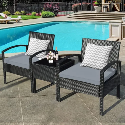 Miniatura 2 de Tangkula Juego de 3 piezas para conversación de patio, juego de sofá de ratán al aire libre con cojines de asiento y mesa auxiliar, juego de muebles