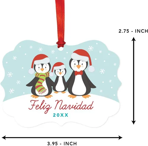 Miniatura 5 de Andaz Press Adorno de recuerdo de Navidad con marco de fantasía para la familia española, metal, feliz Navidad 2025, familia de pingüinos de Merry