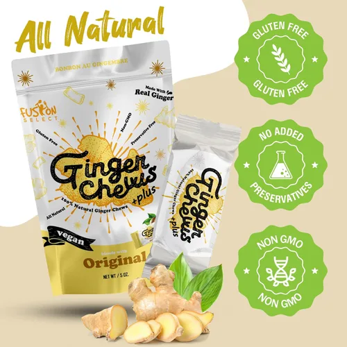 Miniatura 3 de Fusion Select Caramelos masticables de jengibre - Dulces delicias confitadas suaves de Indonesia - Promueve el alivio de las náuseas matutinas