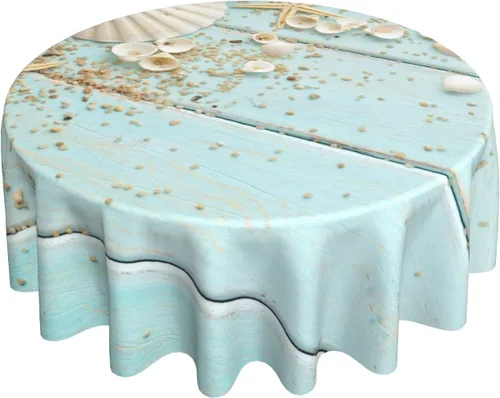 Miniatura 7 de Giwawa Mantel redondo de conchas marinas, diseño de estrella de mar sobre tablero de madera azul, diseño de playa costera, 60 pulgadas, para Junta