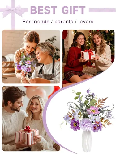 Miniatura 7 de Flores artificiales pequeñas de 11.8 pulgadas en jarrón de cerámica, centro de mesa de flores de seda púrpura para mesa de comedor, oficina, boda