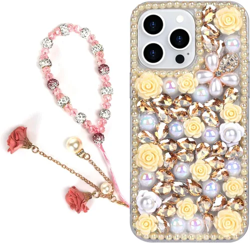 Miniatura 17 de para iPhone 14 Pro - Funda con Purpurina y Diamantes de Imitación, de Lujo, con Cristales Brillantes, Flores de Rosa, Perlas Florales, Pulseras