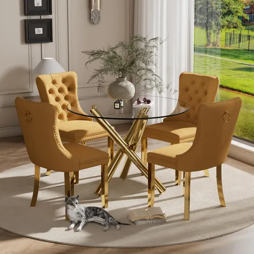 Miniatura 50 de Juego pequeño de mesa redonda con tapa de vidrio transparente para 2, 36'' Juego moderno de lujo para cenas circulares, 3 piezas Juego minimalista