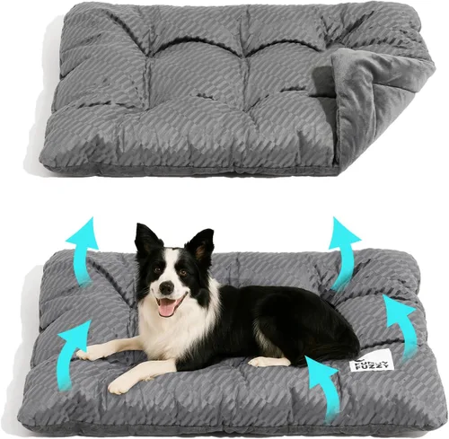FUNNY FUZZY Almohadilla lavable para jaula para perros de 42 x 28 pulgadas, lino refrescante de doble cara y sherpa, tapete plano, colchón para Gris